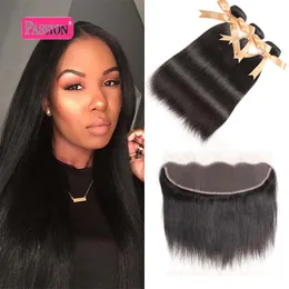 Brasiliansk Virgin Människa Hår Straight With Lace Frontal 4PCS Öron till öra Snörning Frontlås med buntar Billiga 13x4 Frontal och Bundles Deal