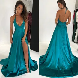 Barato Sexy 2018 Vestidos de Cocktail Mergulhando V Halter Pescoço Sem Encosto Zipper Vestido de Festa Atraente Side Dividir Cetim Varredura Trem 2018 vestido de baile