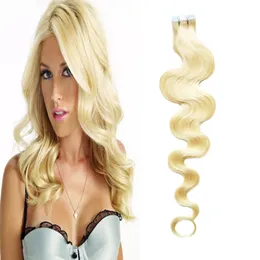 Tape i mänskliga hårförlängningar 100g kroppsvåg 613 Blont Virgin Hair 40pcs Adhesive Osynlig grossist Remy Tape Hair Extensions