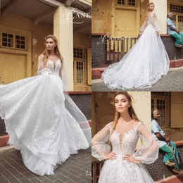 2019 A Line Beach Wedding Dresses Sheer Jewel Neckline Appliques Long Sleeve Lace Wedding Dress Sweep Train Plus Size Bridal Gowns