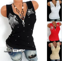 Hot Sale 2018 Sommar Mode Kvinnors V-Neck T-shirt Diamanttryck Kvinnor Ärmlös Solid Slim Vest Tank Top Kläder