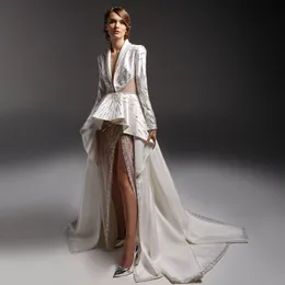 Yeni Tasarımcı 2019 Gelinlik Modelleri Seksi Yan Bölünmüş Abiye giyim Uzun Kollu Derin V Boyun Boncuklu Örgün Pageant Parti Elbise