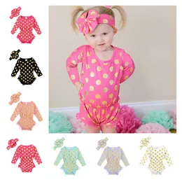 Baby girls long sleeve Pompom tassel romper INS Bronzing Dot Jumpsuits 2018 Boutique kids Climbing clothes with Bow headband one-piece C4228