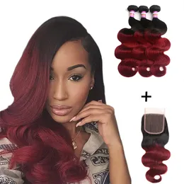 Malásia Ombre Borgonha Body Wave Pacotes de Cabelo com Fecho de Laço 4x4 colorido 1B / 99J # trama de cabelo humano