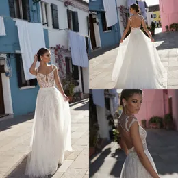 2018 Gali Karten Bohemian Bröllopsklänningar Cap Sleeve Lace Tulle Applique Illusion Boho Bridal Dress Sweep Train Sequins Beach Bröllopsklänningar