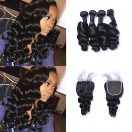 Malaysian Loose Wave Hair Weaves 4 Bundles with Closure Free Middle 3 Part Double Weft Human Hair Extensions Dyeable Human Hair Weave