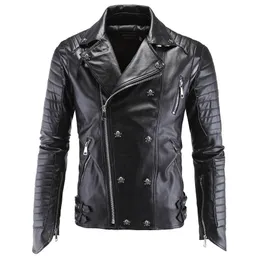 Mens Leather Jackets Black Motorcycle Jackets Skulls Rivets Oblique Zipper Slim Fit Quilting Punk Leather Jackets