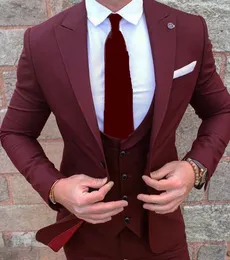 Popüler Tasarım Damat Smokin Bir Düğme Şarap Kırmızı Zirve Yaka Groomsmen Best Man Suit Düğün Erkek Suits (Ceket + Pantolon + Yelek + Kravat) J468