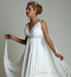 Grekisk stil strand bröllopsklänningar 2018 nya pärlor skit v-hals veck Empire Chiffon Maternity Bridal Gowns Robe de Mariage Custom M250G