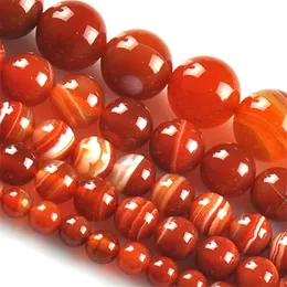 8mm Hurtownie 6-12mm 15 '' Natural Red Stripe Carnelian Onyx Kamień Okrągły Kula Luźna Moda Koraliki Biżuteria Robić