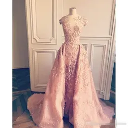 Prom Dresses Pink 2018 with Overskirt Detachable Train Lace Applique Capped Short Sleeves Jewel Sheer Neck Formal Evening Gowns Custom Made