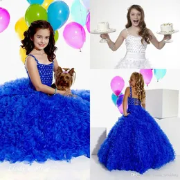 Högkvalitativ söt skönhet Royal Blue White Girls Pageant Klänning Prinsessan Organza Party Cupcake Flower Girl Pretty Dress For Little Kid