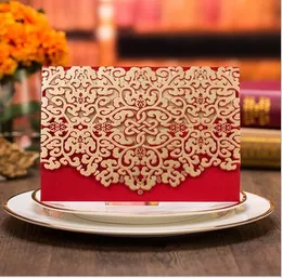 赤ホワイトレーザーカット高級フローラ結婚式の招待状カードエレガントなレースの好意封筒結婚披露宴の装飾