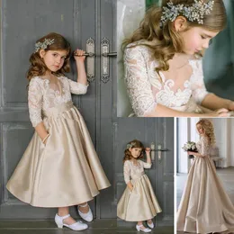 Flower Dresses Sheer Neck Champagne Ankle Length 3/4 Sleeves Illusion Lace Appliques Satin Birthday Party Girls Pageant Gowns