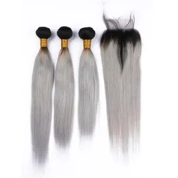# 1b / grå ombre jungfru indiskt mänskligt hår väver silkeslen rak med stängning mörk rot silver grå ombre 4x4 spets stängning med vävbuntar