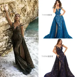 Sexy Mermaid Prom Dresses With Detachable Train Sheer Jewel Neck Cap Sleeve Lace Evening Dress Party Wear Custom Made Plus Size Formal Gowns