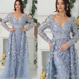 2019 Luxury Mermaid Prom Dresses With Detachable Skirt Lace 3D Floral Appliques Pearls Sweep Train Long Sleeve Evening Gowns V Neck