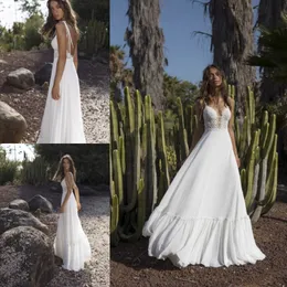 Asaf Dadush Beach Bohemia Suknie ślubne 2018 A Linia Spaghetti V Neck Backless Chiffon Suknie ślubne Boho Koronki Appliqued Suknia Ślubna