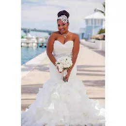 Gorgeous Ruffle Organza Mermaid Wedding Dresses Africa Tiers Beads Sash African Plus Size Bridal Gowns Custom Bride Dresses