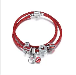 Roter Charm-Anhänger aus 925er-Sterlingsilber, passend für europäische Pandora-Armbänder für Damen, Charm-Doppelschicht-Echtlederkette, Modeschmuck