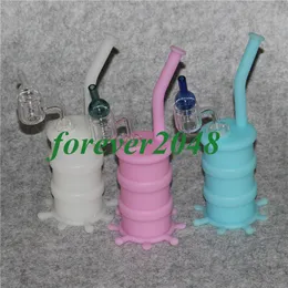 Glow in dark silicon oil rig hookah water pipe with real quartz nail banger and glass carp cap non-stick silicone bongs