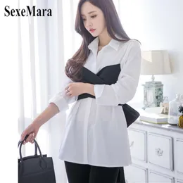 SexeMara 2018 Autumn Summer Fashion New Lapel Long Sleeve Temperament Tied With Ribbon Bow Two False Shirt Women