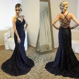 Cheap Evening Dresses Halter Appliques Lace Crystal Beaded Mermaid Criss Cross Back Formal Prom Gowns Plus Size Arabic Party Dress