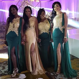 Złoty Zroszony Długie Druhna Suknie Sexy Jedno Ramię Koronkowe Aplikacje Side Split Wedding Party Dress South African Mermaid 2018 Prom Dress