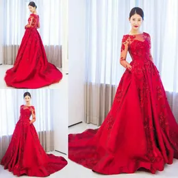 Red Back See Through Prom Dresses Sheer Neck Illusion Long Sleeves Lace Appliques Evening Gowns Satin Sweep Train Women Formal Party Dress