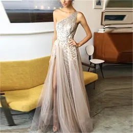 Attractive Champagne Tulle Long Prom Dresses One Shoulder Illusion High Split Lace Sexy Evening Gowns Autumn Party Dresses Floor Length