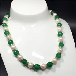 Hot sell Natural 8-9mm white freshwater pearl green jade beads necklace 48cm fashion jewelry