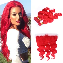 Kolorowe Czerwone Human Włosy 13x4 Full Lace Frontal Zamknięcie Z Uczelniami Rozszerzenia Body Wave Dziewiczy Brazylijski Czerwony Włosy Wefts 3 Wiązki