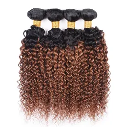 4Pcs Human Hair Ombre Weave Bundles Kinky Curly Brazilian Virgin Hair T 1B 30 Two Tone Color Ombre Medium Auburn Hair Extension