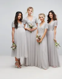 Silver Sequin Country Bridesmaid Dresses With Short Sleeve Plus Size Sexy V Neck Full Length Maid Of Honor Dress Rustic Pregnant Tulle 2018