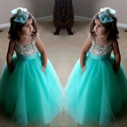Бирюзовое зеленое цветочное платье для девочек Симпатичные платья для дня рождения со спагетти Ремешки Кристаллическое бисерное платье для девочек из тюля
