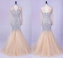 Champagne V-hals Backless Optocht Avondjurken Zeemeermin Lange mouw Illusie Kristalsteentjes Lijfje Lange Goedkope Prom Formele Jurk