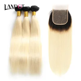 9A Ombre 1B / 613 # Bleach Blondynka Koronki Zamknięcia z 3 Wiązkami Brazylijski Proste Dziewicze Human Hair Weaves Peruvian Malezyjskie przedłużanie włosów