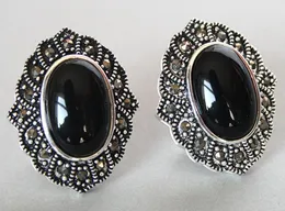 VINTAGE 925 ARGENT NATUREL NOIR Naturel Pierre MARCASSITE BOUCLES D'OREILLES 1"