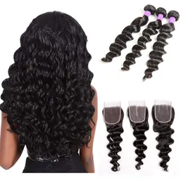 Virgin Brazilian Hair Bundles with Closure Loose Deep Wave Human Hair Extensions Dyeable Natural Color Weft with Free Part Lace Closure