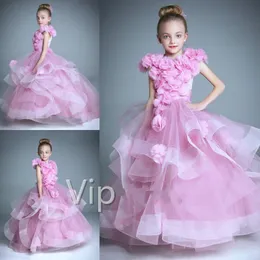 ピンクの花の女の子のドレス手作りの花かわいい王女の子供の床の長さの花嫁介添人ドレスティアードチュールガールズのページェントのドレス