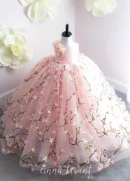 Prinzessin Rosa Blumenmädchenkleider Spitze 3D-Blumenapplikationen Ballkleid Kleines Mädchen Geburtstagsfeierkleider Sweep Zug Kinder Formelle Kleidung278b