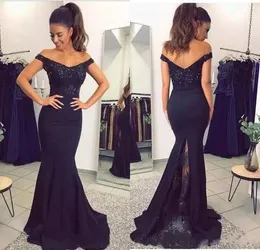 Navy Blue Evening Lace Aplikacja Syrenka Prom Dress Off The Ramię Frezowanie Druhna Druhna Suknie na Party Suknie