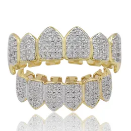 Men's Women Fashion Teeth Grillz 18K Gold Plated Macro Pave CZ Iced-out Grillz Sets Top and Bottom Hip-hop Grillzs Bling Bling Custom Style,