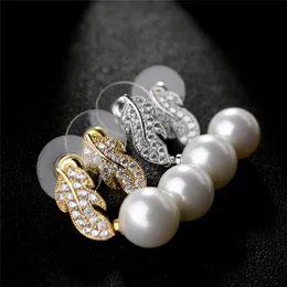 Vecalon Liście Design Dangle Earring 5a Cyrkon Symulowany Pearl White Gold Wypełnione Rocznica Party Drop Kolczyk Dla Kobiet