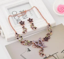Hot Europe Fashion Jewelry Sets Vintage Butterfly Pendant Rhinestone Flowers Elegant Necklace Earrings