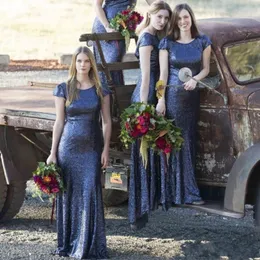 Blue Sequined Navy Mermaid Bridesmaid Dresses Jewel Neck Short Sleeves Pleats Floor Length Maid Of Honor Wedding Party Gowns
