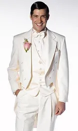 High Quality Ivory Tailcoat Groom Tuxedos Groomsmen Notch Lapel Best Man Blazer Mens Wedding Suits (Jacket+Pants+Vest+Tie) H:719