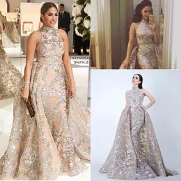 Yousef Aljasmi Aftonklänningar 2020 Champagne Sequined Appliques Mermaid Prom Lökar Dubai Arabiska High Neck Special Occasion Dress