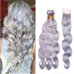 Pure Color Silver Grey Brazilian Body Wave Weaves 3 Bundles With 4x4 Lace Closure Real Hair Frontal With Bundles
