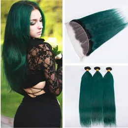 #1B/Green Dark Root Ombre Virgin Brazilian Human Hair Weaves with Frontals Straight Dark Green Ombre 13x4 Lace Frontal Closure with 3Bundles